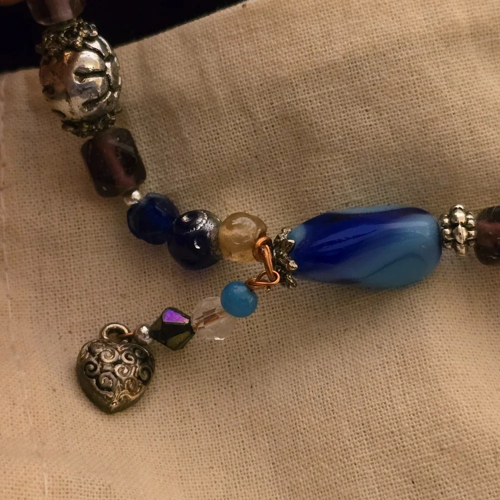 VTG Hand Wired Copper Glass Metal Beaded Stones Charm Bracelet Womens 9.5